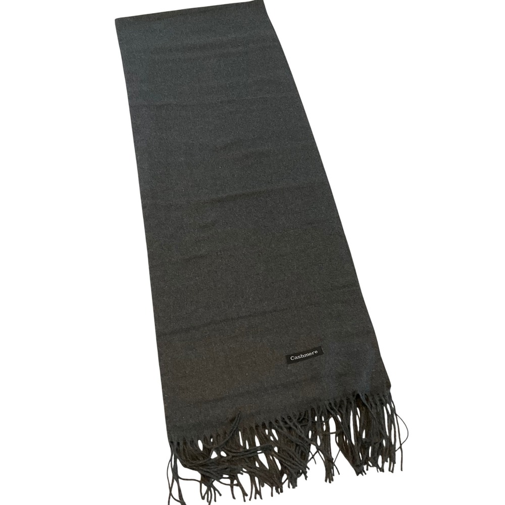 Luxurious Charcoal Gray Cashmere Silk Scarf with Fringes